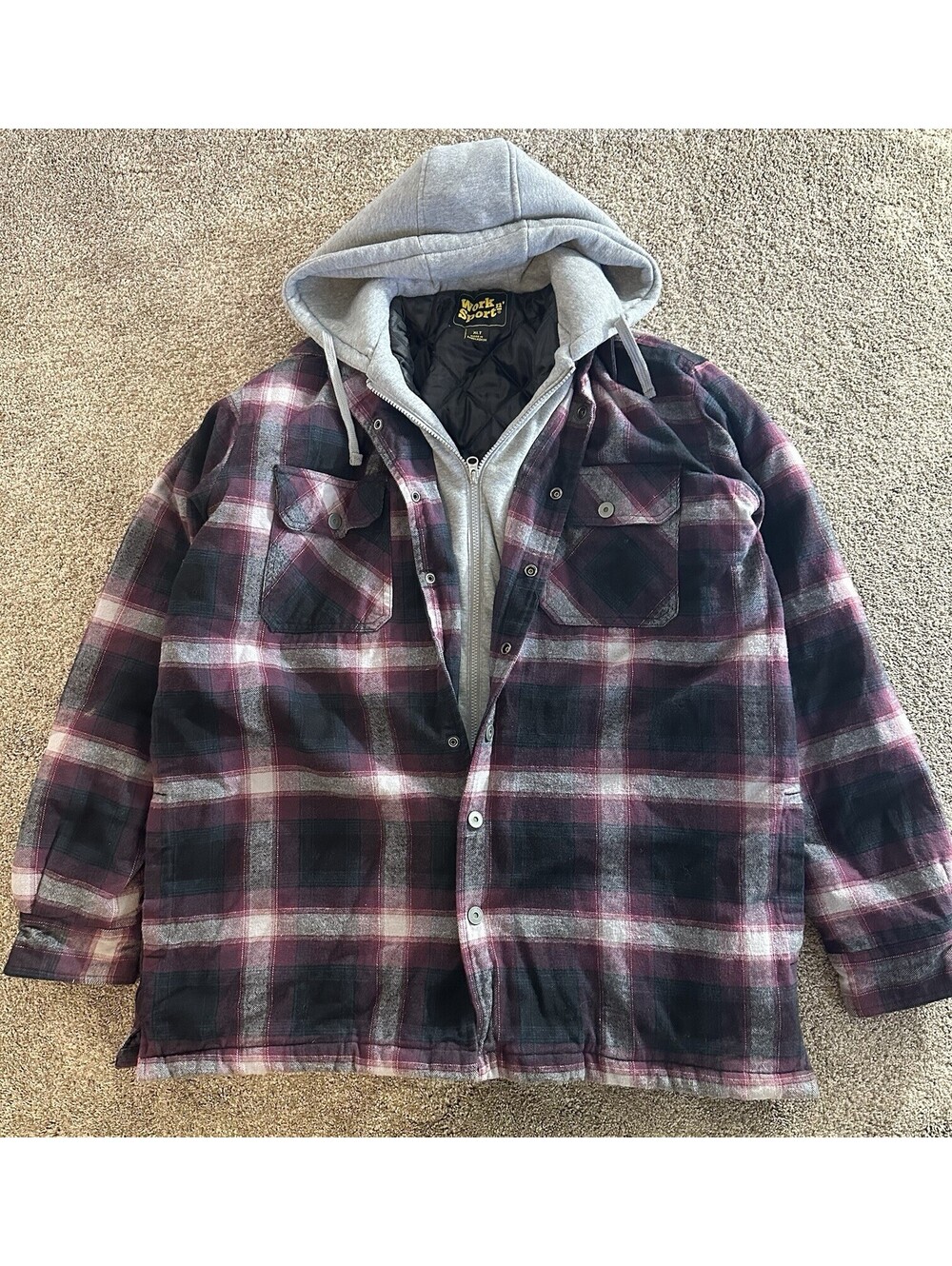 Work N Sport Men’s Quilt Lined Flannel Jacket Button Up With Hood– Size XLT